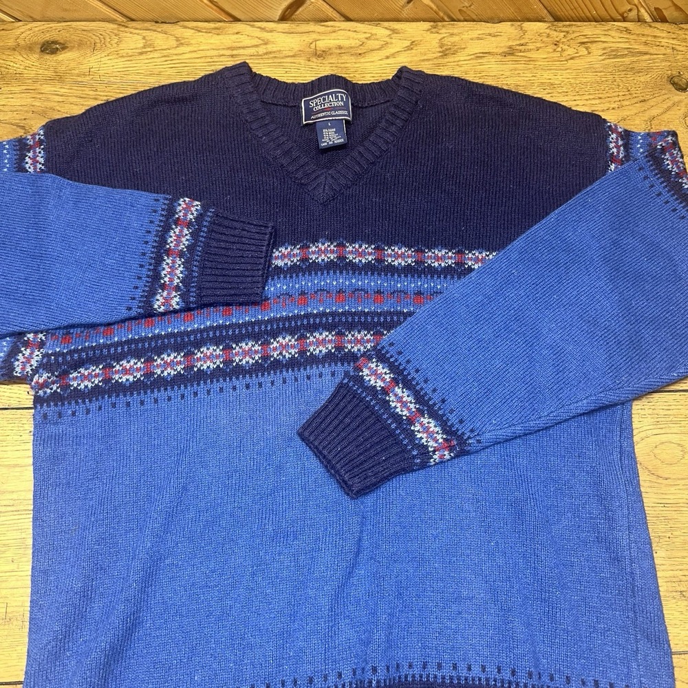 Vintage‎ 80's Specialty Collection Wool Blend Blue Nordic Isle Sweater Men's L